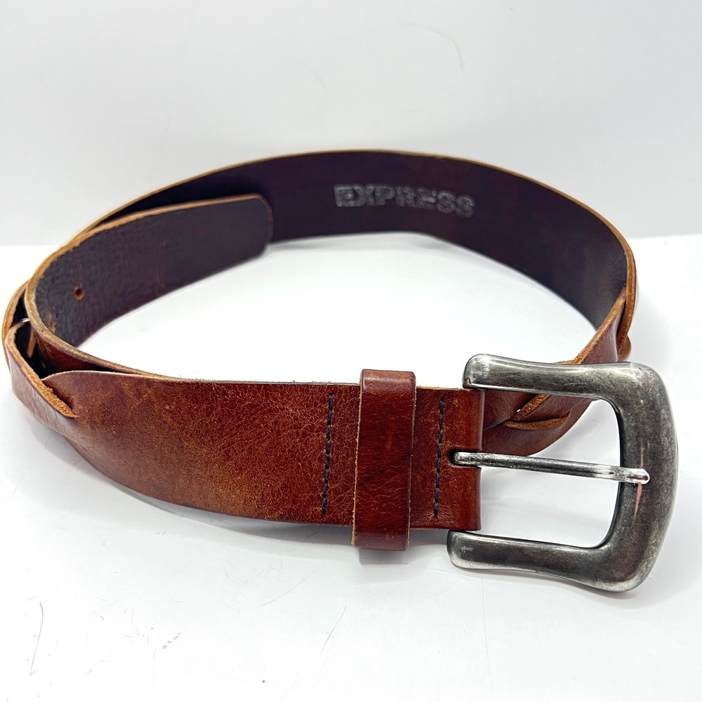 Express Brown Italian Leather Braided Belt Made in England Size S Cognac Silver